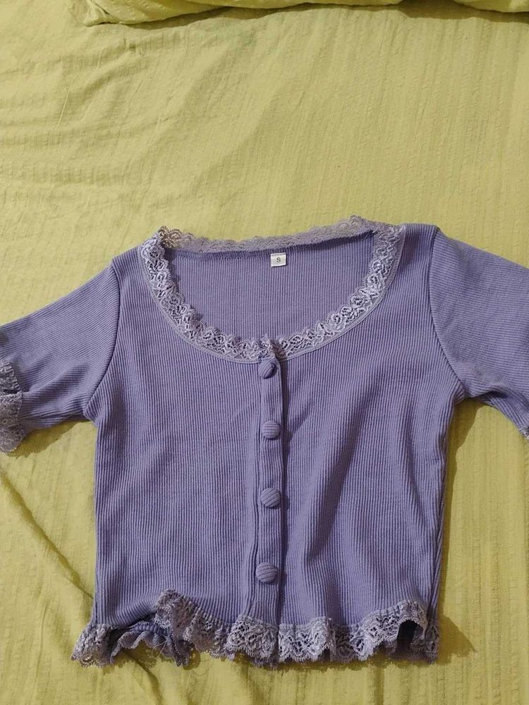 Lavender Lace Trim Crop Cardigan