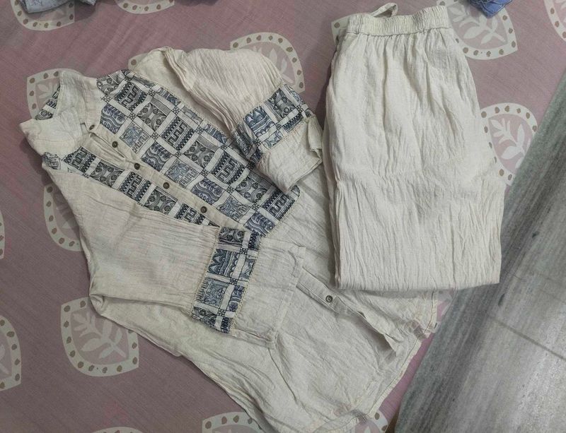 Cream Cotton Kurta Set with Blue Print