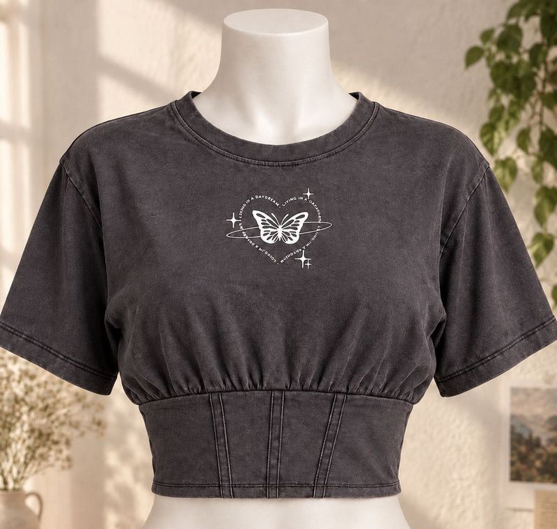Grey Wash Corset Graphic Crop Top