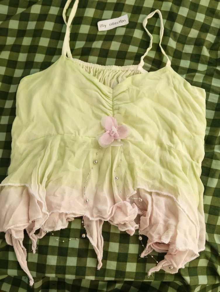 Fairycore green-pink ombre strap top