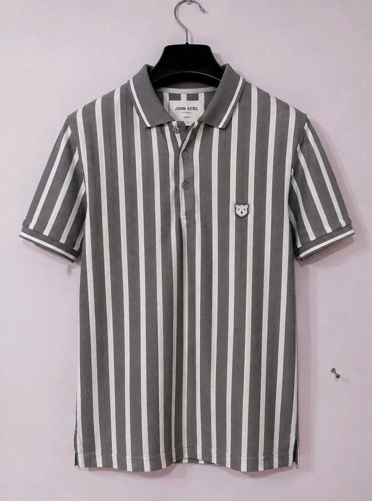 Grey &amp; White Striped Polo T-Shirt | Half Sleeve