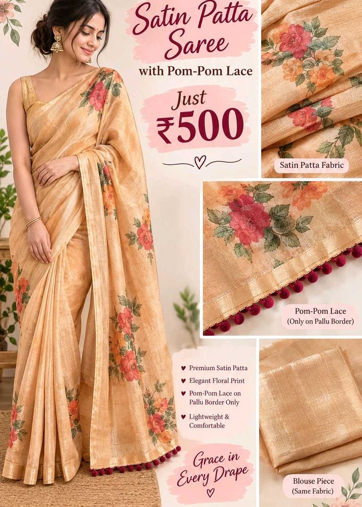 Satin Patta Saree with Pom-Pom Lace💃💃