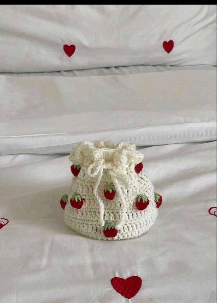 Crochet strawberry drawstring pouch
