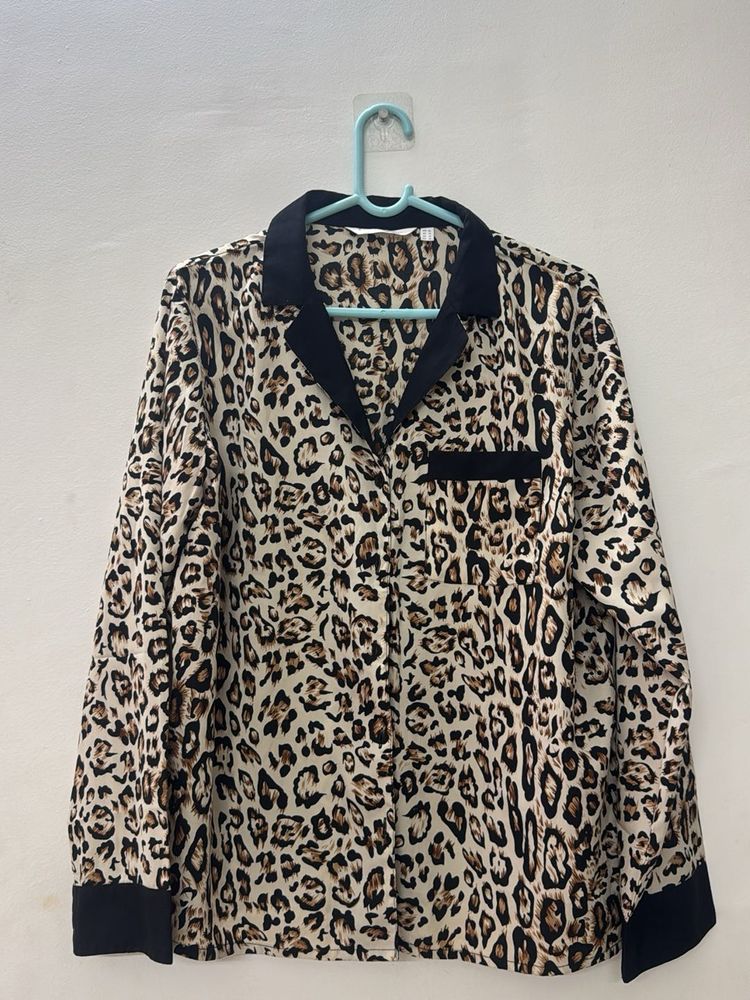 Leopard Print Satin Pajama Shirt
