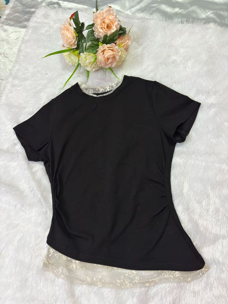 Chic Black T-Shirt with Lace Trim Top