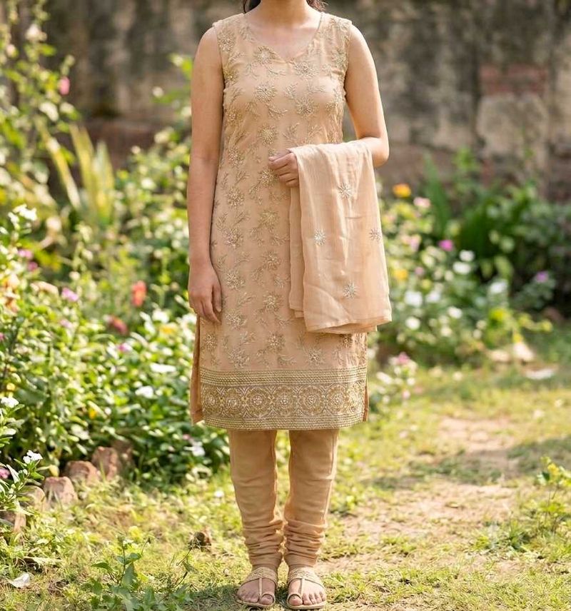Elegant Beige Embroidered Kurta Set