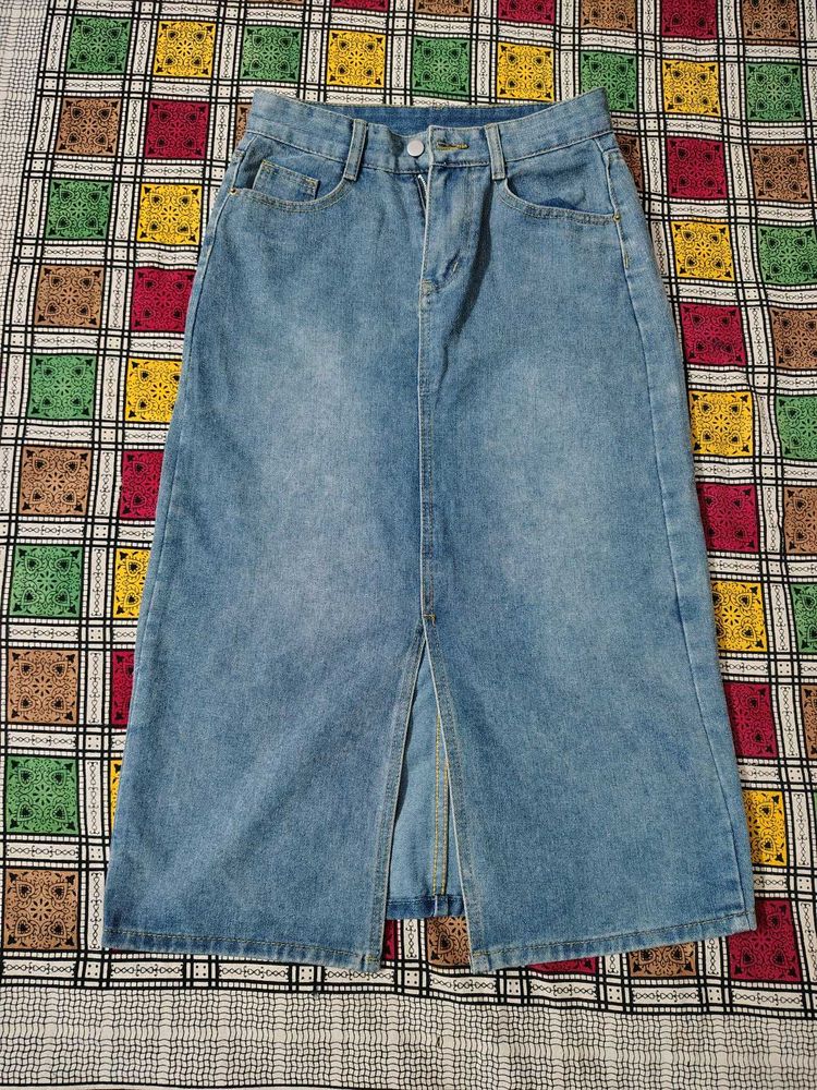 Light Wash Denim Midi Skirt with Slit