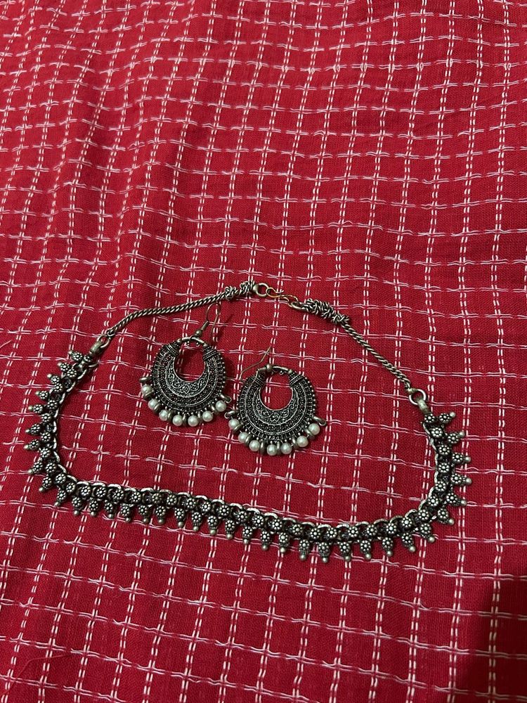 Oxidized Silver Necklace &amp; Earring Set