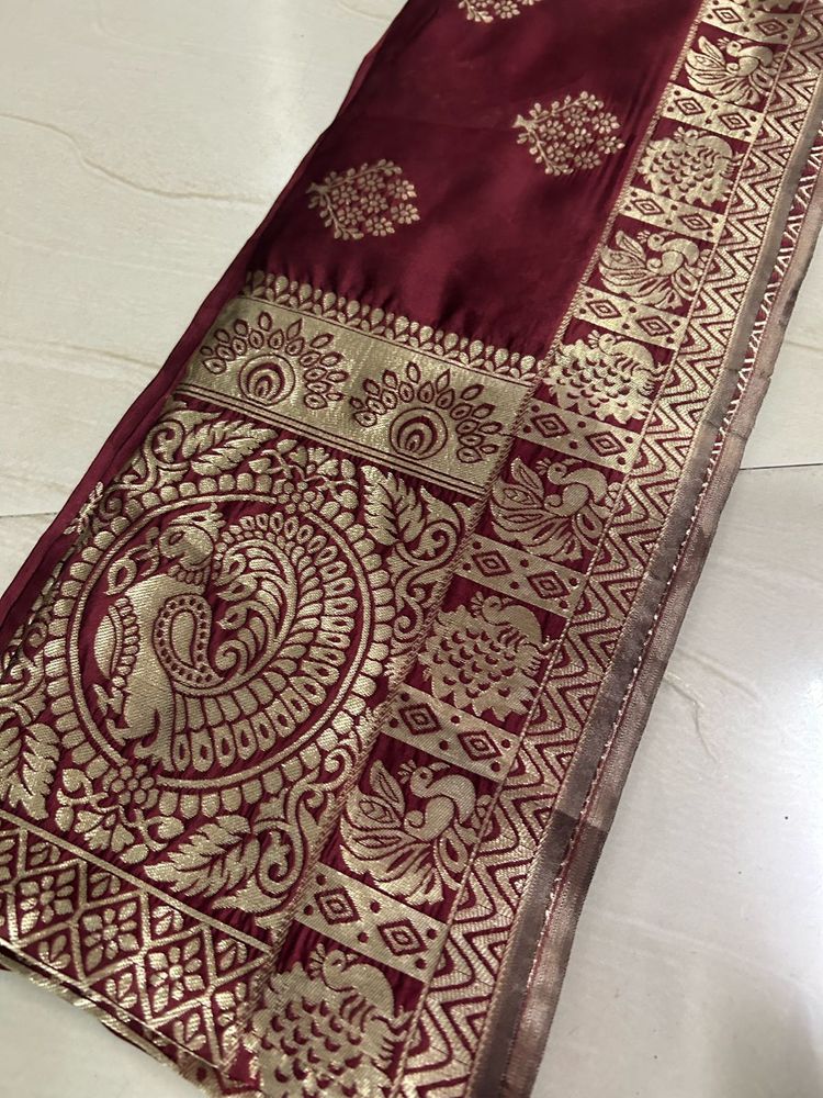 Maroon Silk dupatta Gold Peacock Motif