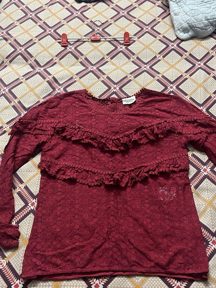maroon Lace Ruffle Top