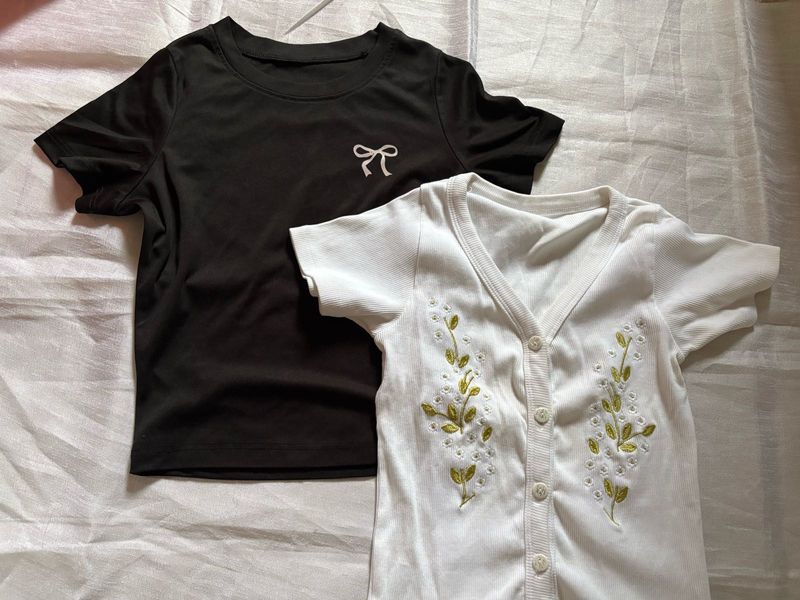 combo of White Embroidered Button-Up and ribbon bl