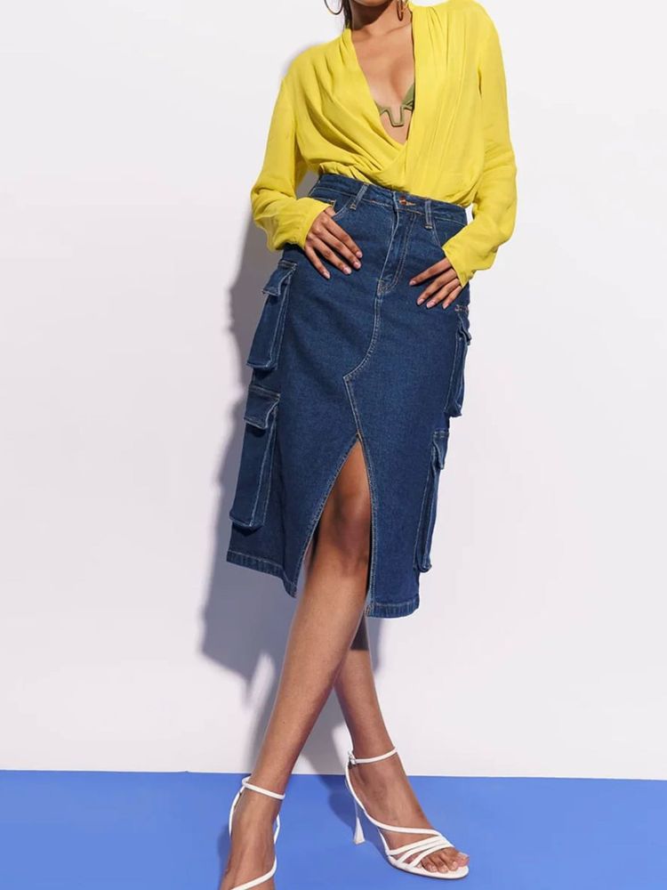 FREAKINS | Denim Cargo-Pockets Midi Skirt