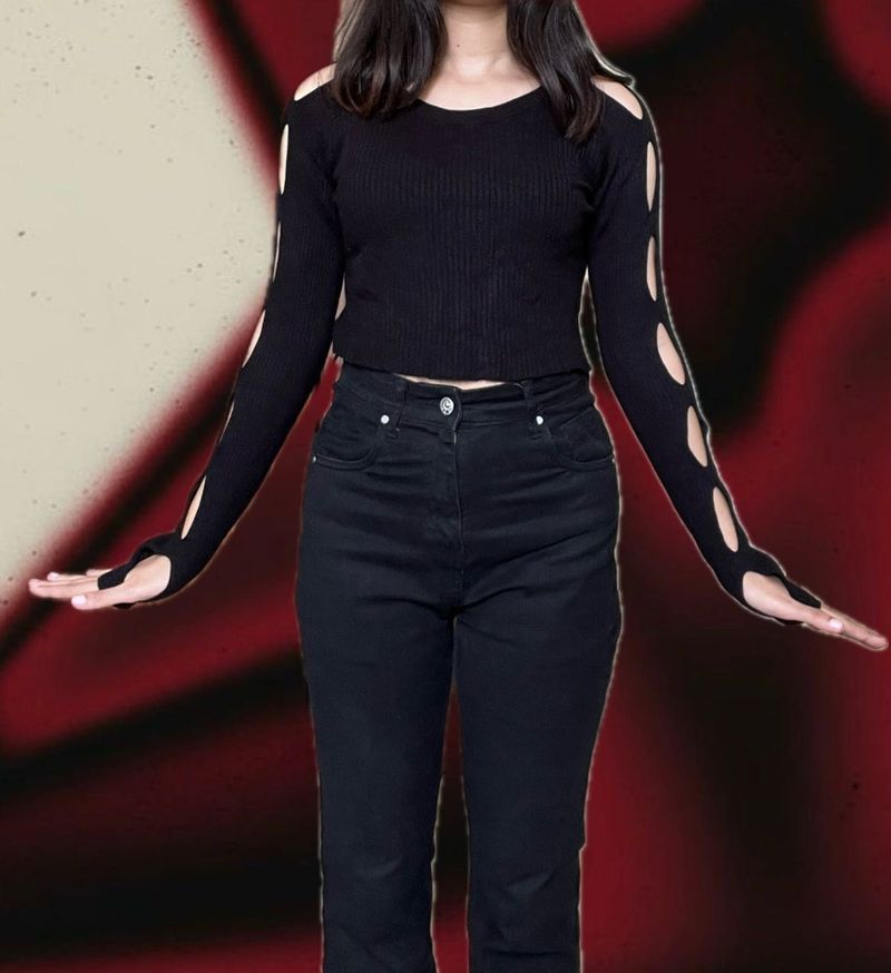 H&amp;M Black Cut-Out Sleeve Cropped Top