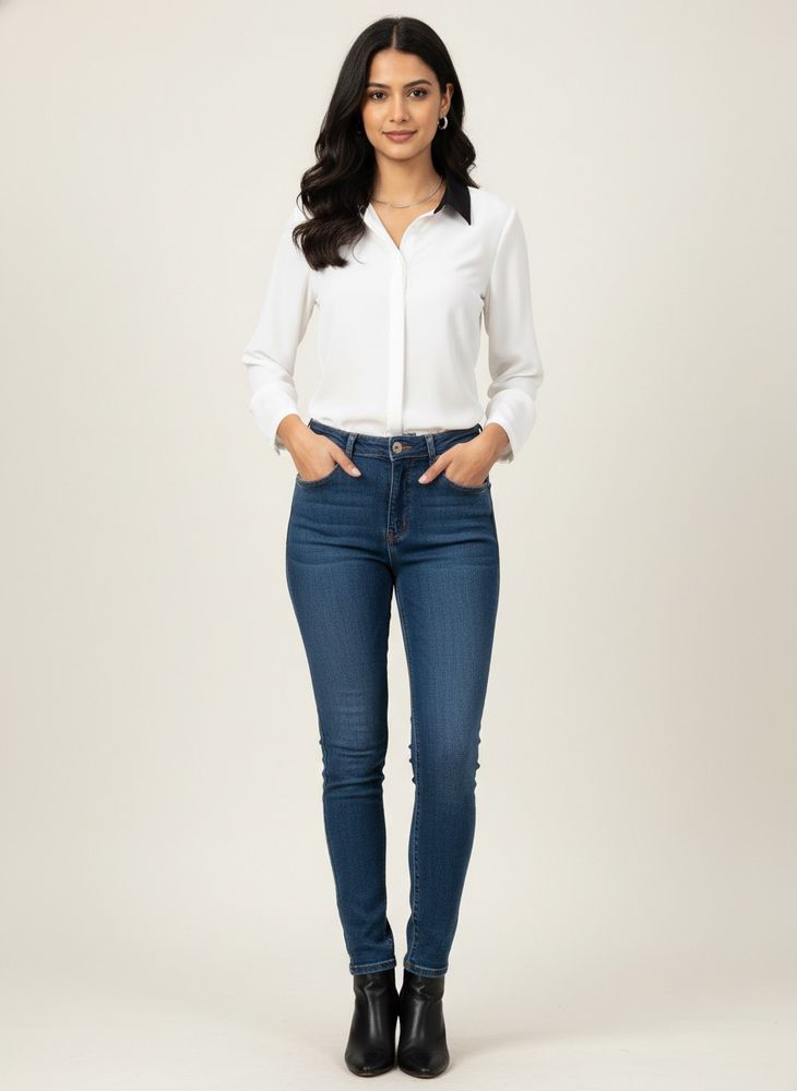 White Blouse with Black Collar