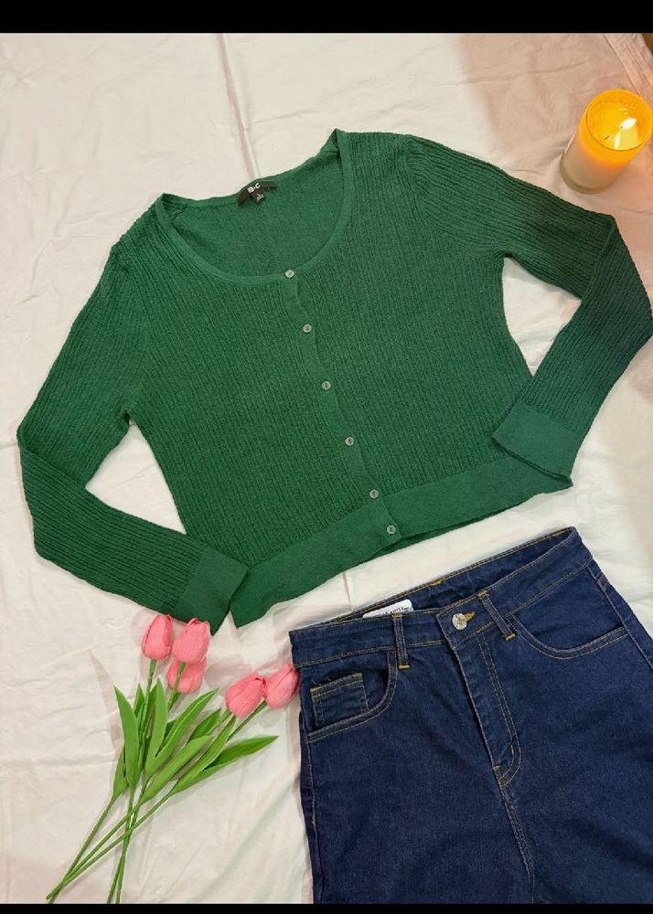 Green Ribbed Button-Up Cardigan