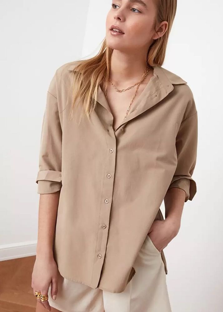 TRENDYOL Oversized Beige Button-Up Shirt By Trendy