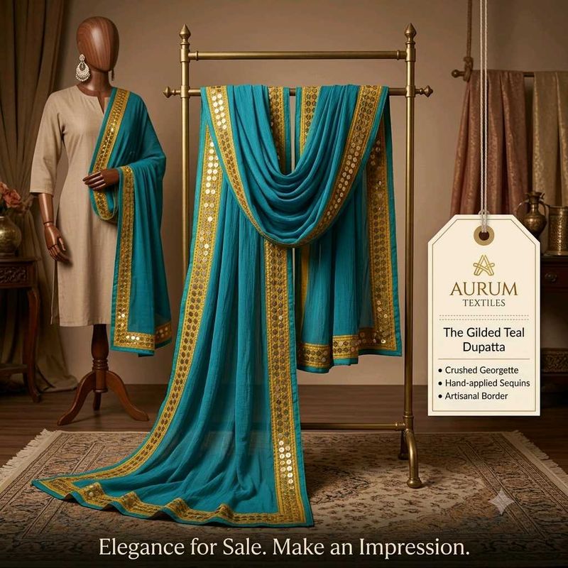 Elegant Teal Dupatta with Gold Sequins