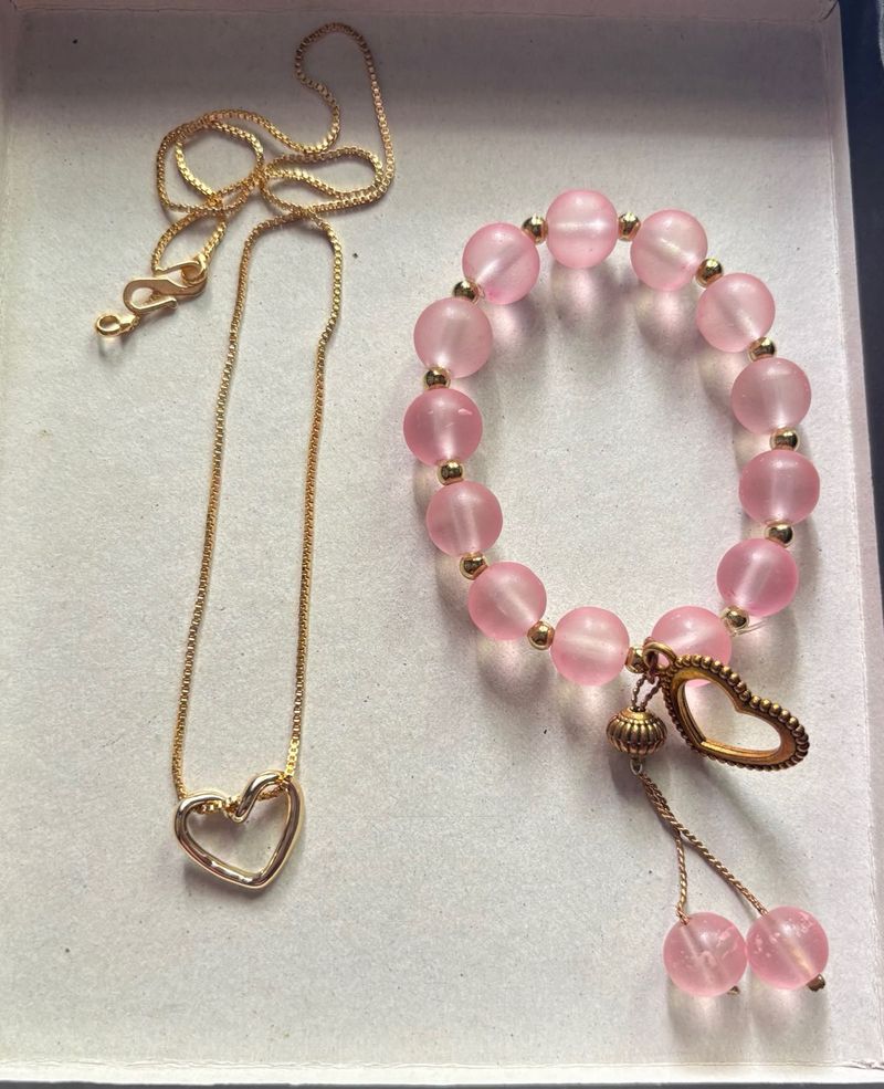 Heart Necklace and Pink Beaded Bracelet Set