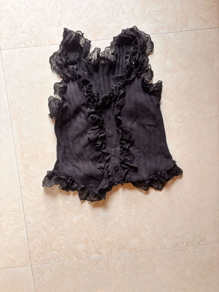 Sheer Ruffle Black Top