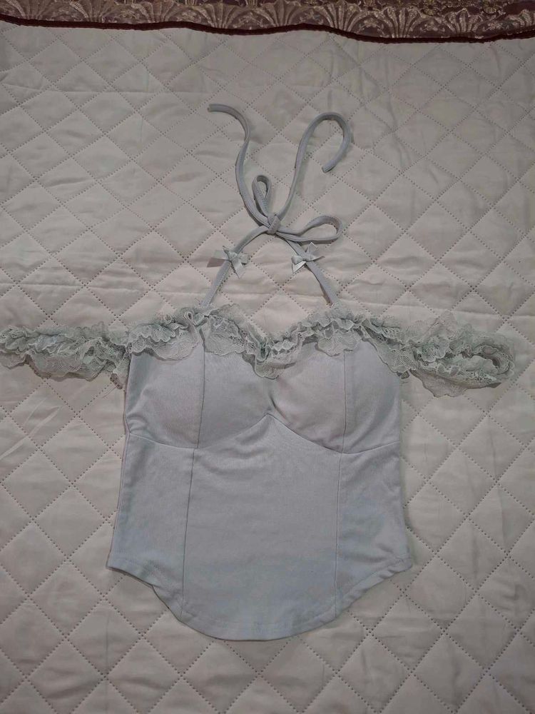 Cute Light Blue Lace Halter Top
