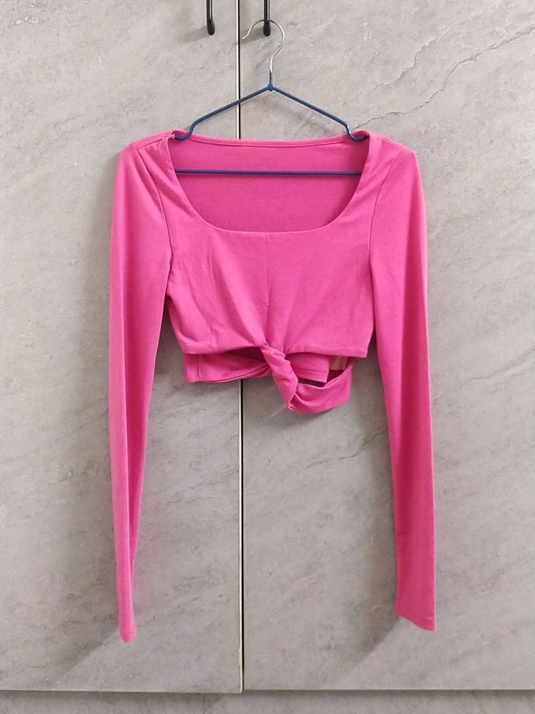 Pink Tie-Front Long Sleeve Crop Top