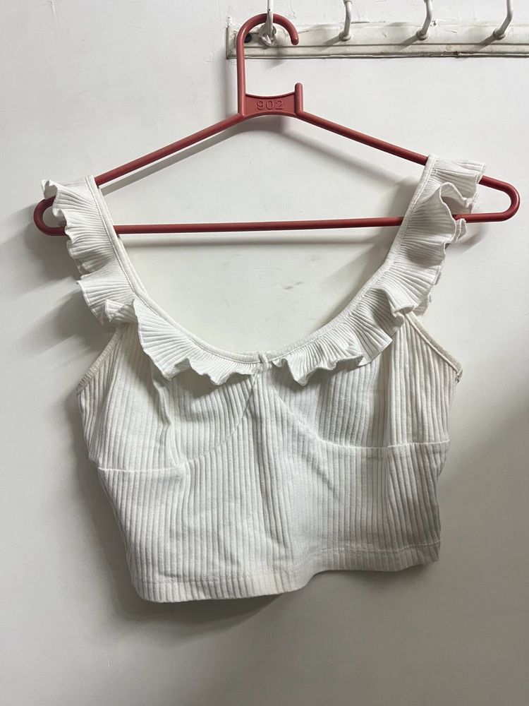 White Ruffled Ribbed Crop Top