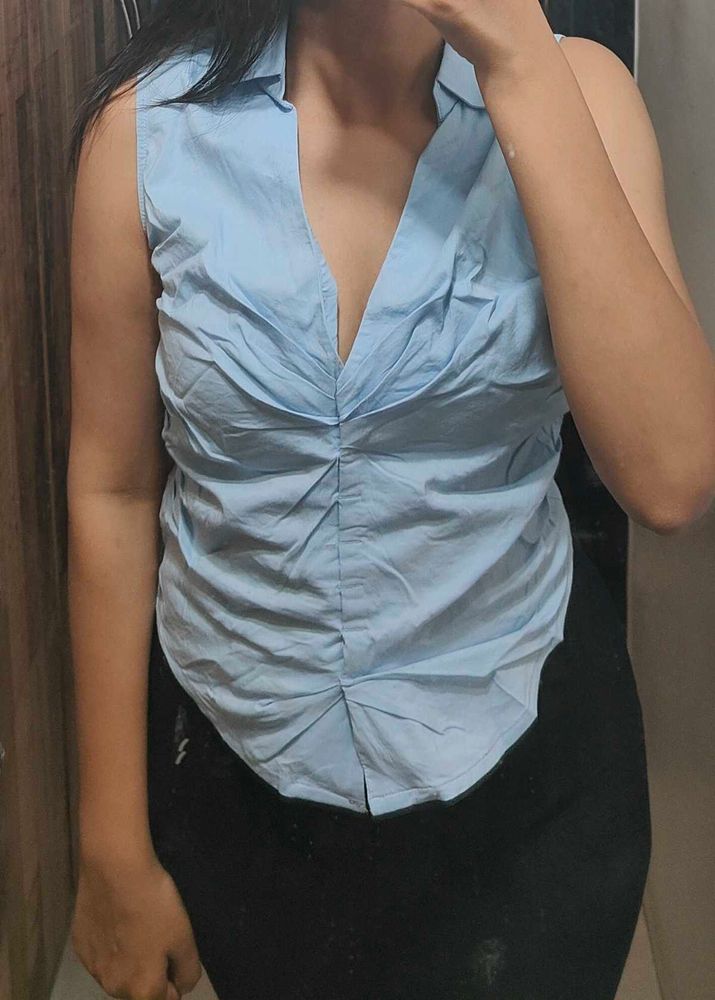 Sleek Blue Ruched Sleeveless Top