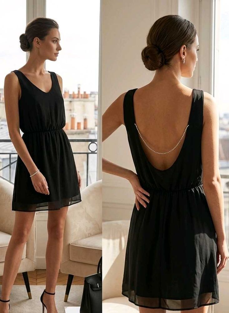 Diamond Detailing Low Back Black Mini Dress