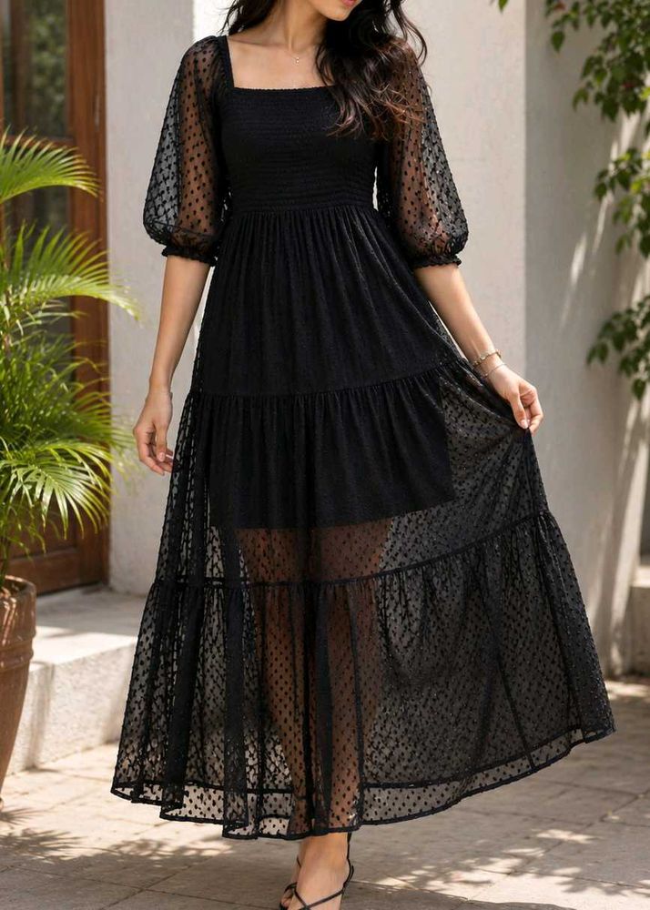 Elegant Black Mesh Tiered Dress