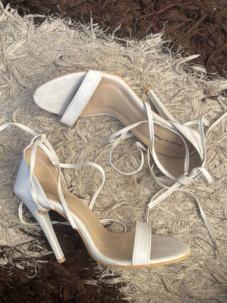 Stylish White Lace-Up Heels