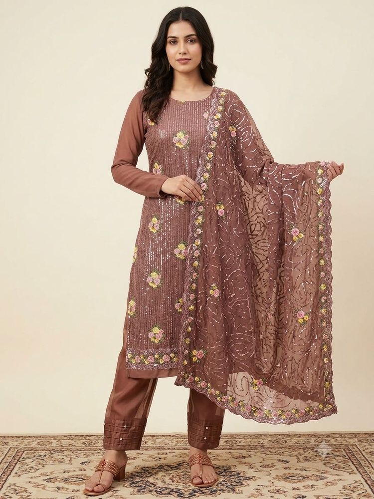 Embellished mauve brown Kurta Set with Dupatta