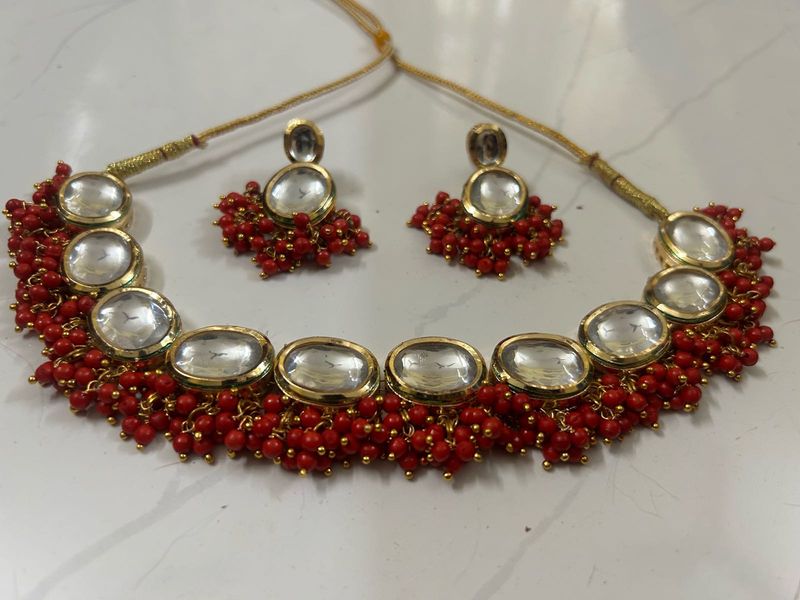 Red Beaded Kundan Necklace Set