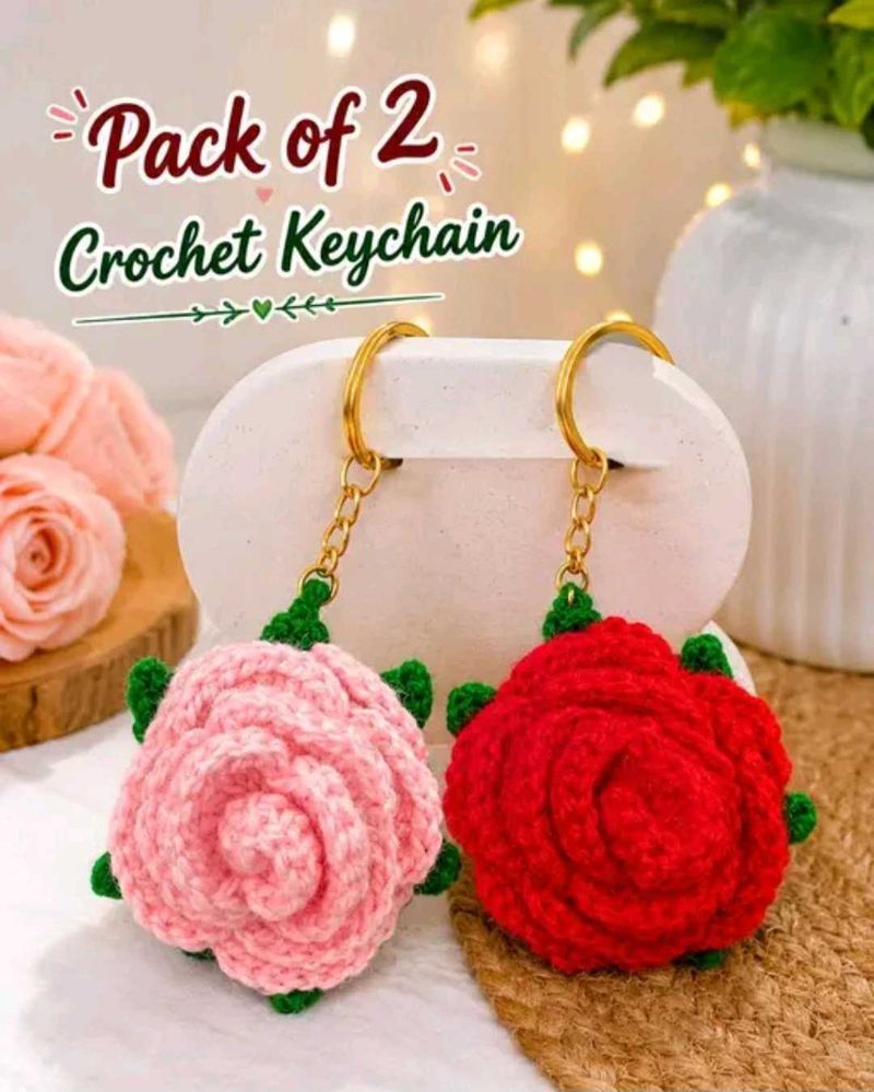 Pack of 2 Crochet Rose Keychains