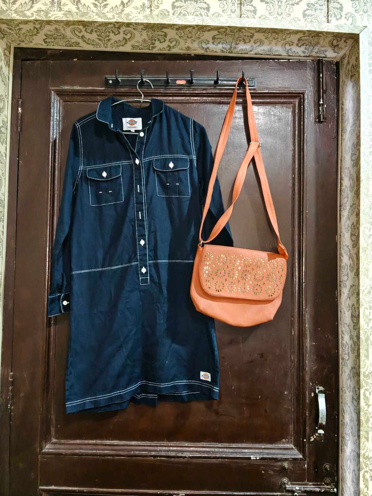 Dickies Denim Dress with Orange Crossbody Bag