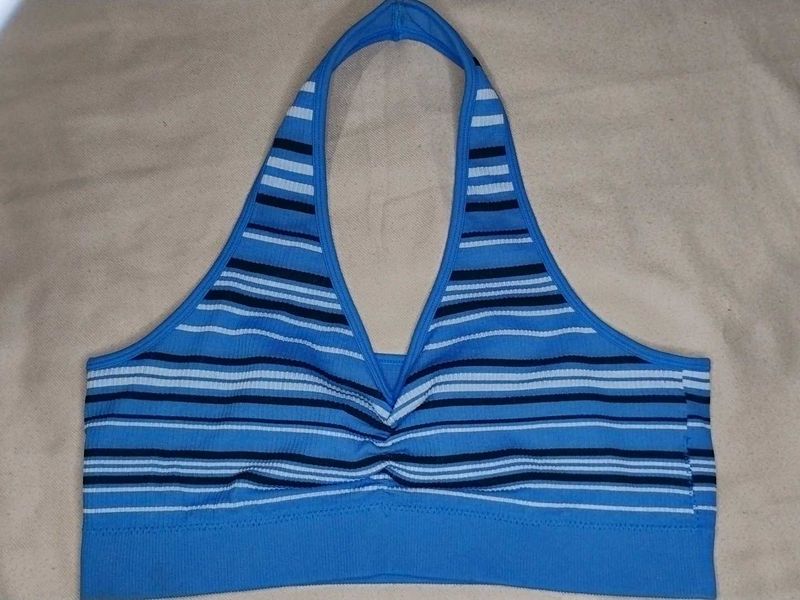 Blue Striped Halter Neck Sports Bra Non Padded
