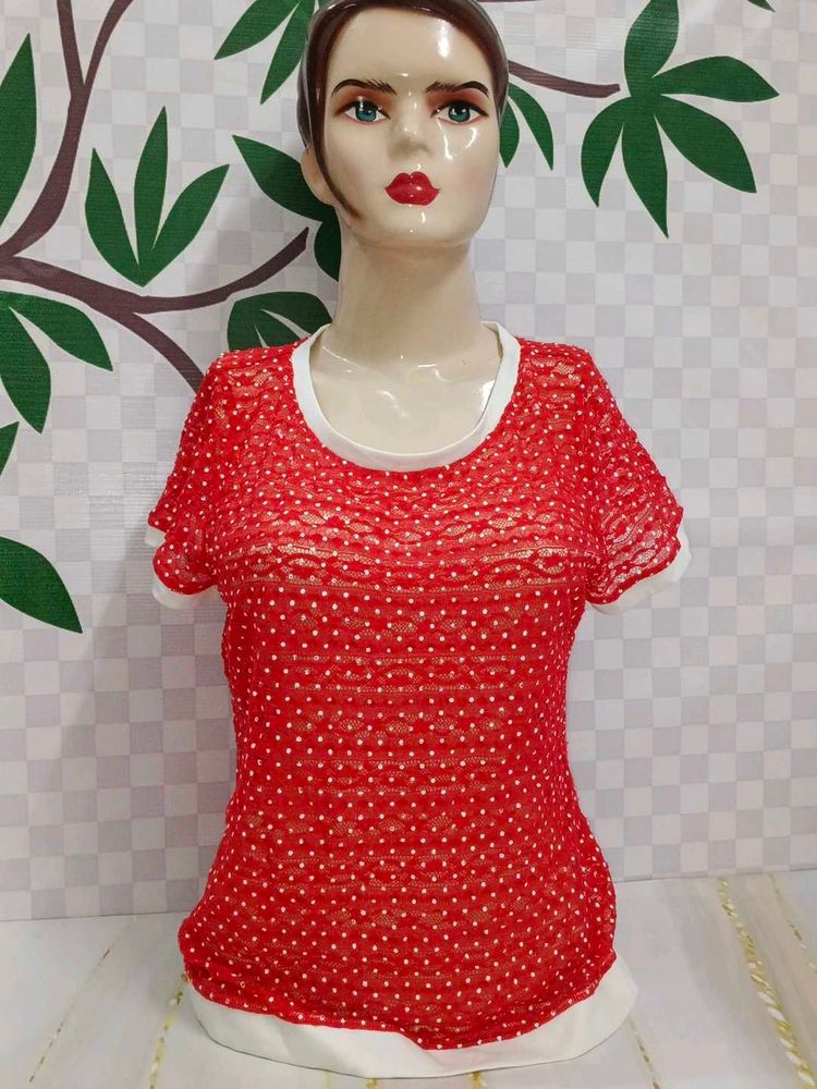 (481)Red Polka Dot Ringer Tee