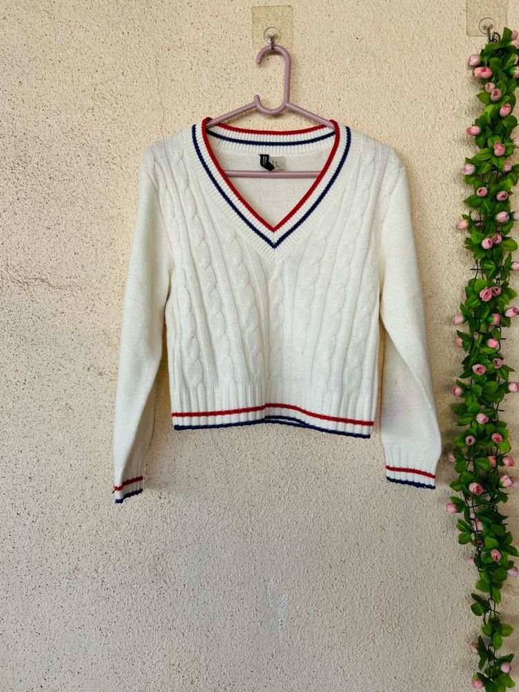 Cream Cable Knit V-Neck Sweater