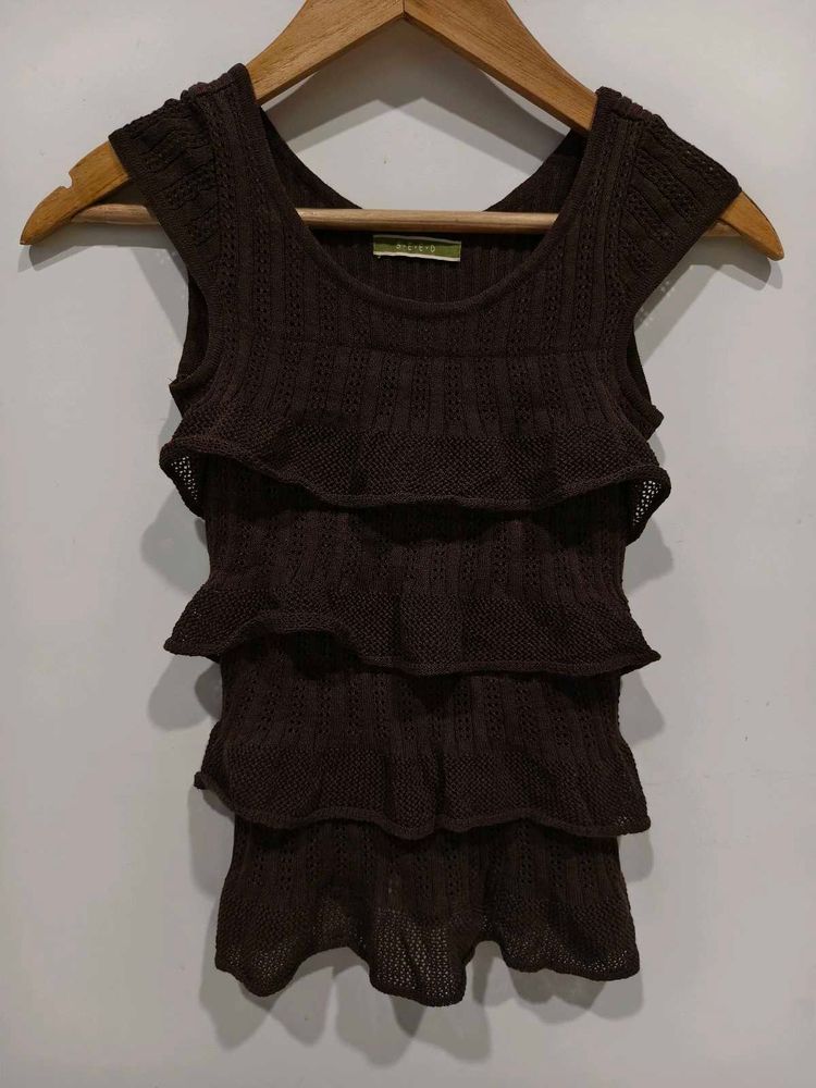 Brown Ruffled Knit Top