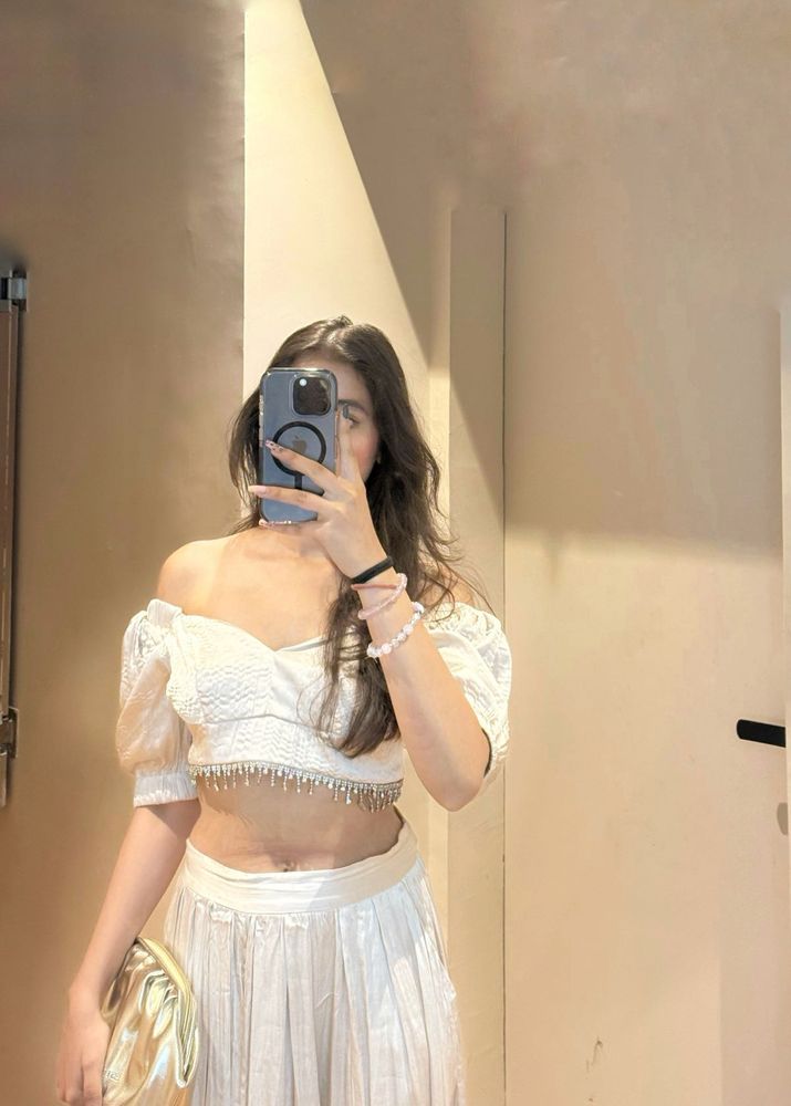 creme crop top and palazzo indo western