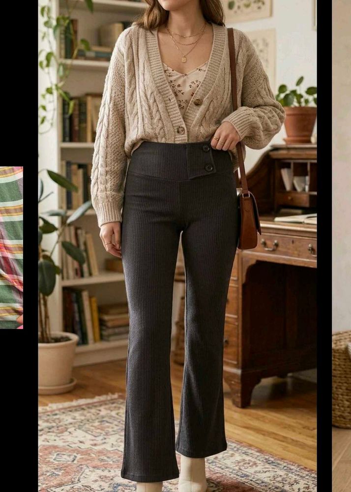 Ribbed Flare Pants with Button Detail