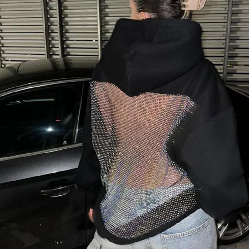 Sparkling Rhinestone back Mesh Hoodie