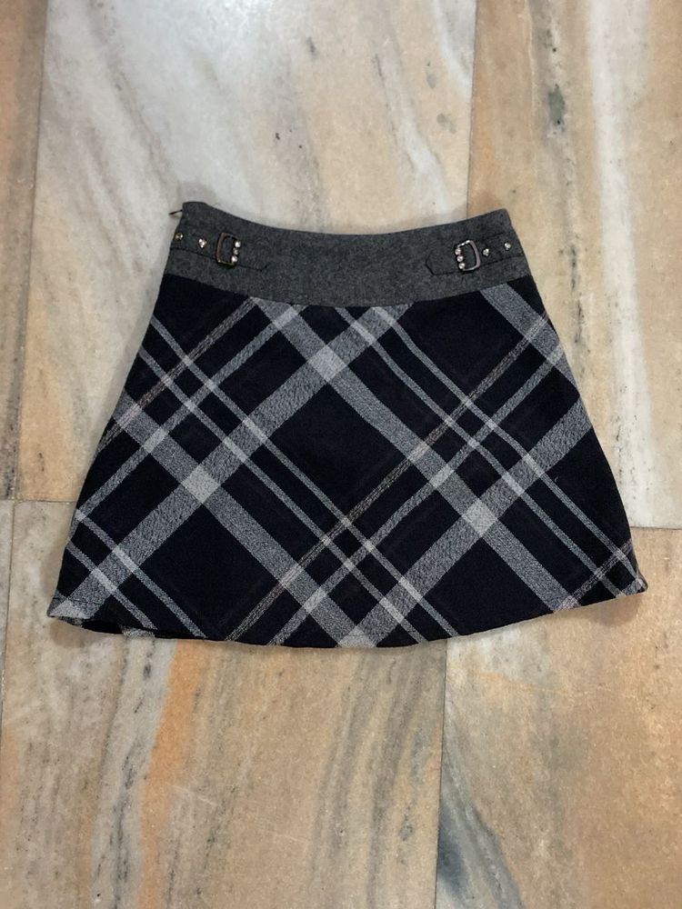 Plaid A-Line Skirt with Buckle Detail
