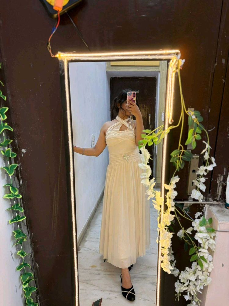 Elegant Cream Halter Neck Midi Dress