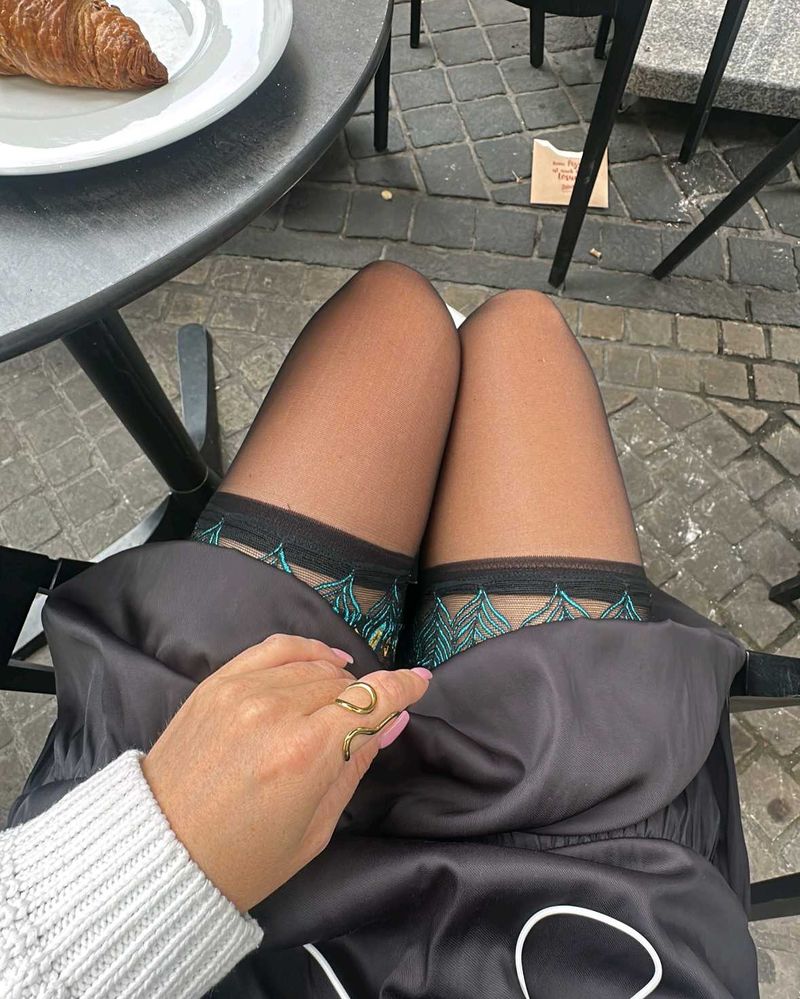 Sheer Thigh-High Stockings with Green Lace Trim