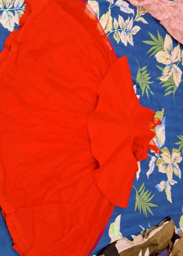Vibrant Red Saree with Ruffled Blouse Piece