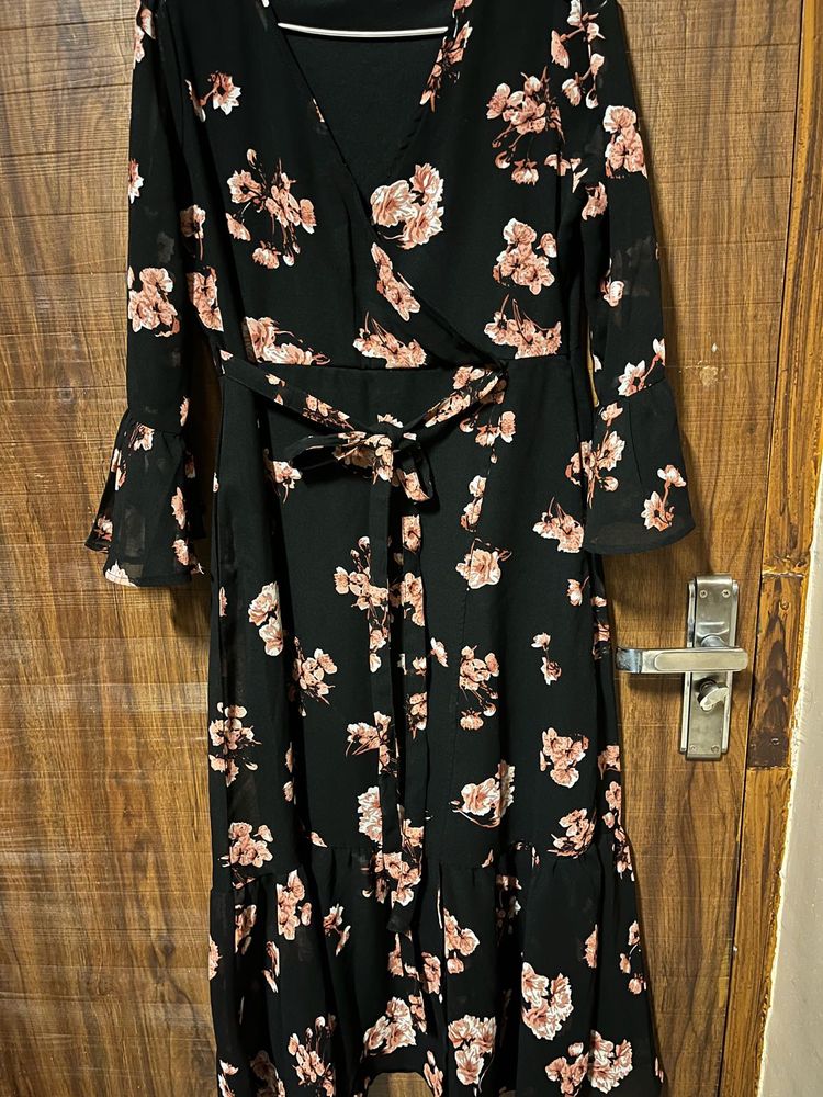 Black Floral Print Wrap Dress