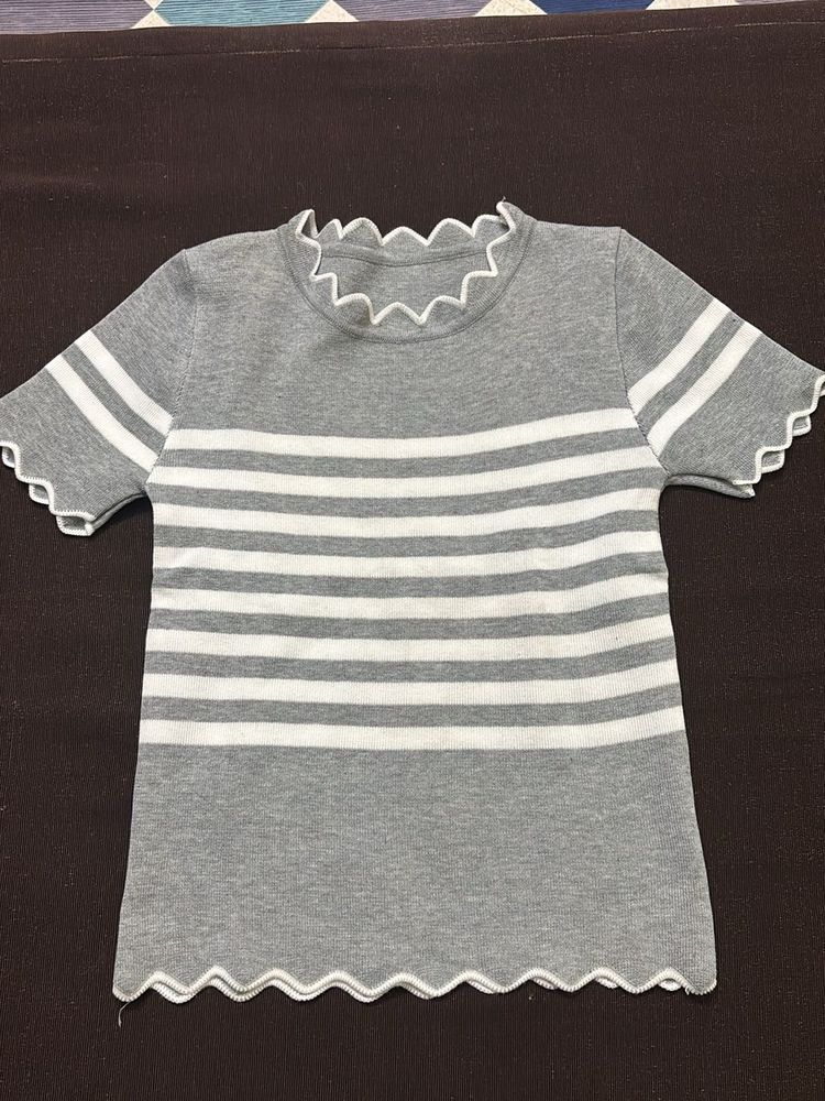 Striped Ruffled Neck T-Shirt