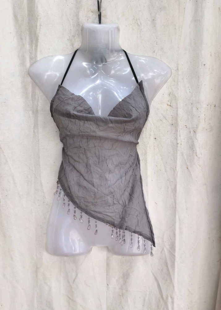68.. Grey Embellished Halter Top