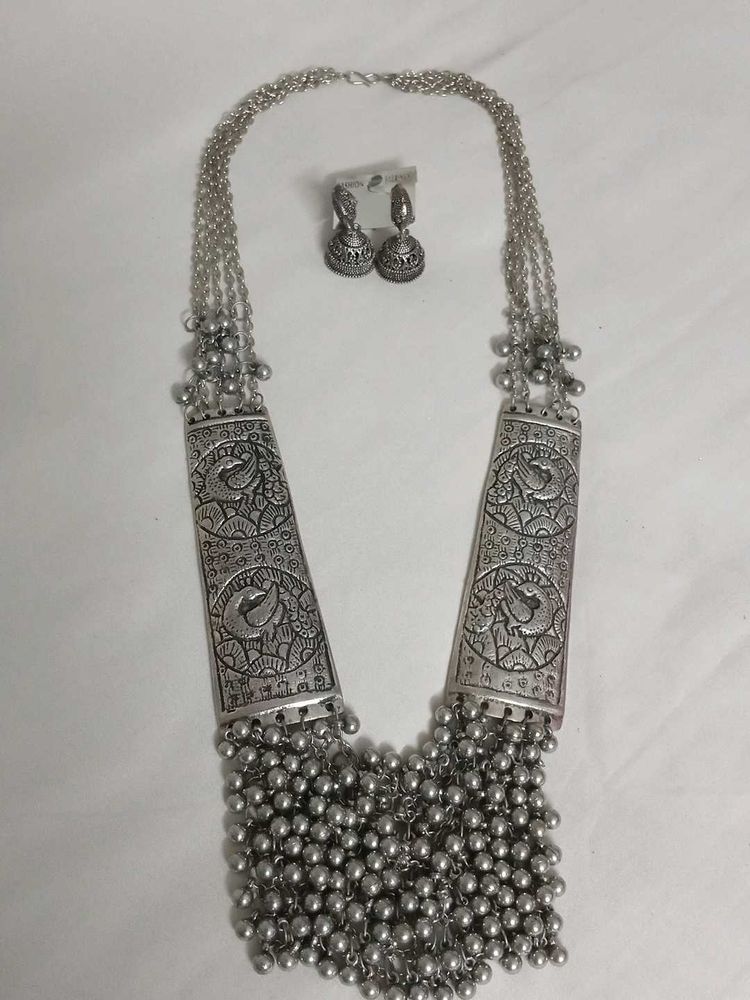 Silver Tribal Style Necklace &amp; Earring Set