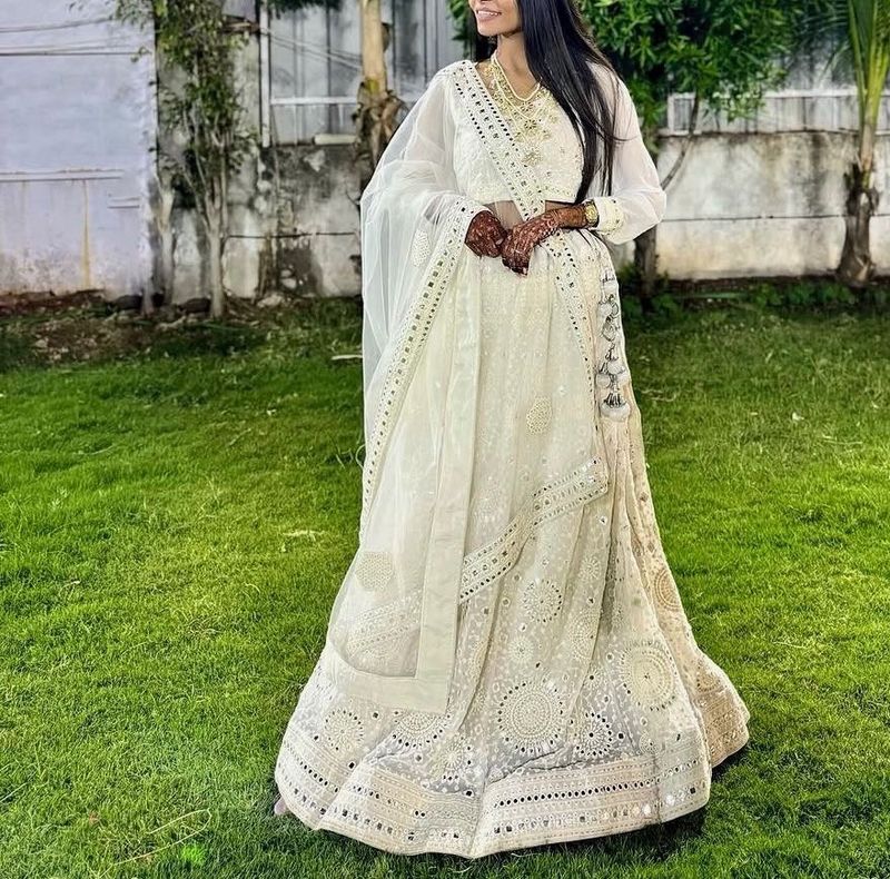 Elegant White Mirror Work Lehenga Choli